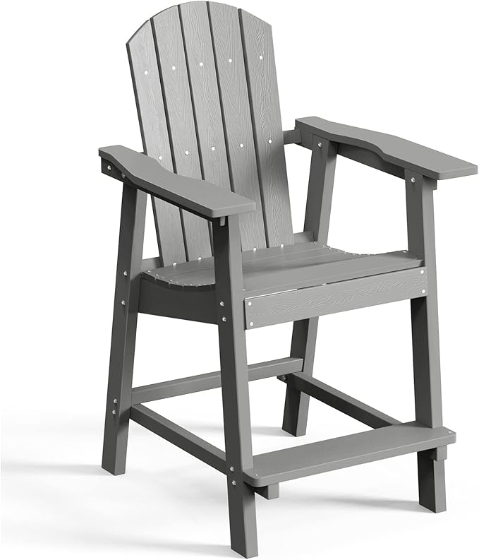 DWVO 25" Tall Adirondack Chair, Poly Bar Height Balcony Chairs, Weather-Durable Outdoor Barstool Lifeguard Chair for Deck Pool Patio and Porch, Gray
