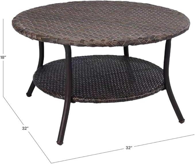 Cambridge Outdoor Rattan Round Coffee Table, All-Weather HDPE Wicker Patio Side Table 2-Tier Circle Table with Storage for Garden Porch Deck, Brown