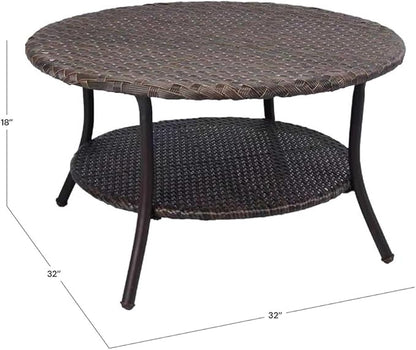 Cambridge Outdoor Rattan Round Coffee Table, All-Weather HDPE Wicker Patio Side Table 2-Tier Circle Table with Storage for Garden Porch Deck, Brown