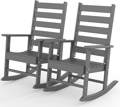 GREENVINES Outdoor-Rocking-Chairs-Set-of-2 | HDPE Plastic | Patio Rockers | Porch Rocker Chair | Shaker | Oversized | High Ladder Back | Big & Tall | PentaLuxe | Grey