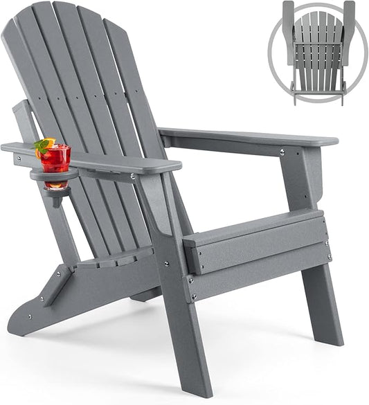 FUNBERRY Folding Adirondack Chair, HDPE All Weather Fire Pit Chairs with Cup Holder for Outdoor