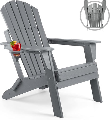 FUNBERRY Folding Adirondack Chair, All Weather HDPE Fire Pit Chairs with Cup Holder for Outdoor