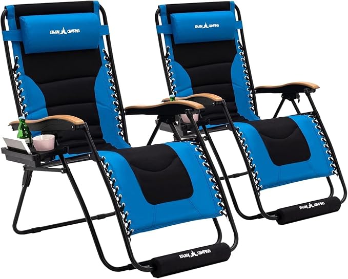 Amopatio Padded Oversized Zero Gravity Chair Set of 2 with Cup Holder, 30" Wide Folding Reclining Camping Lounge Chairs with Headrest/Footrest for Indoor and Outdoor, Support 400LBS,Blue