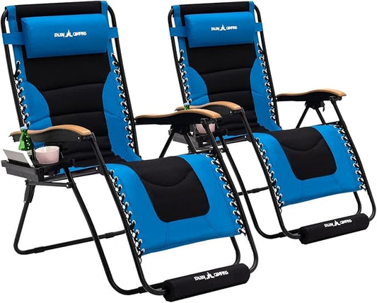 Amopatio Padded Oversized Zero Gravity Chair Set of 2 with Cup Holder, 30" Wide Folding Reclining Camping Lounge Chairs with Headrest/Footrest for Indoor and Outdoor, Support 400LBS,Blue