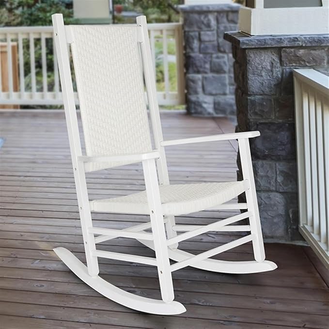 Pemberly Row Traditional Hardwood Patio Porch Rocker, White Finish, 45.25" H x 27" W x 34" D, Ergonomic High Back, Durable Kiln-Dried Wood, Outdoor/Indoor Seating for Porch, Patio, or Garden