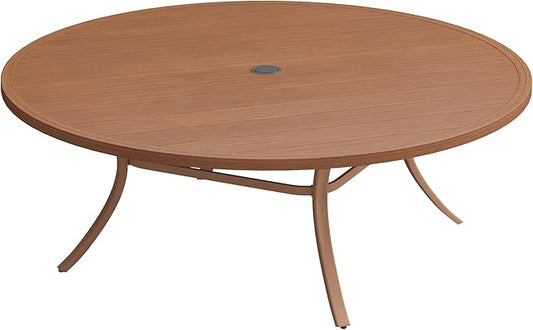 VICLLAX 63" Outdoor Patio Dining Table for 8-10, Metal Round Table with Umbrella Hole for Deck Lawn Garden Backyard, Walnut