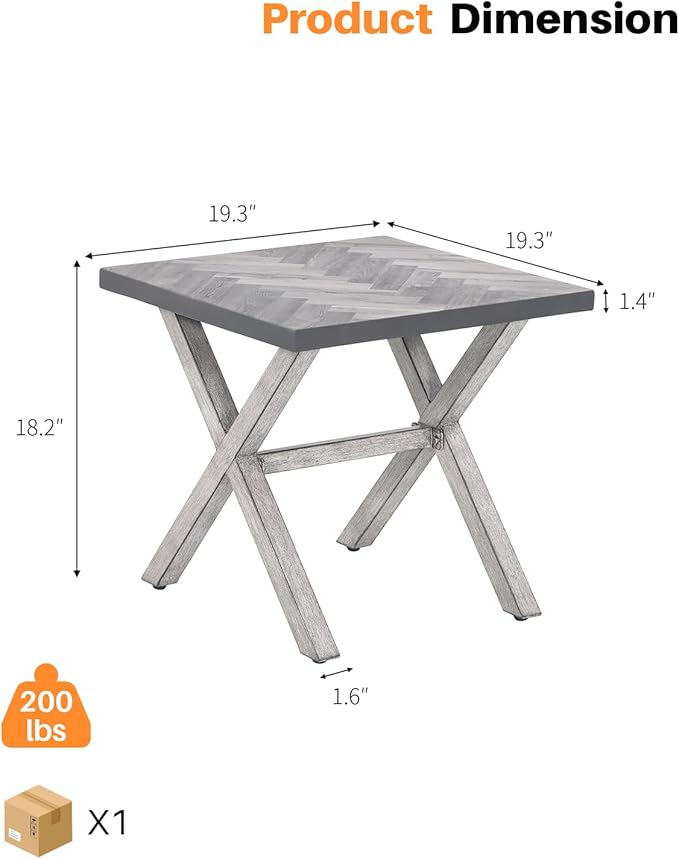 Aluminum Outdoor Side Table, Anti-Rust Outside Patio Side Table with Resin Tabletop, Modern Weather Resistant Square Patio End Table for Yard, Garden, Poolside, White Oak
