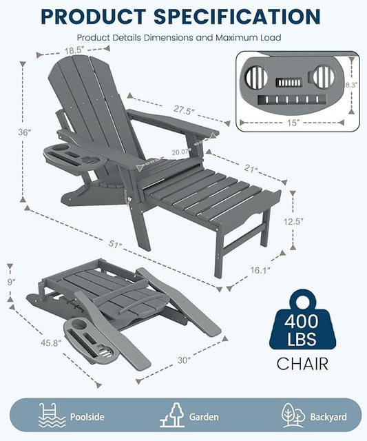 FOOWIN Folding Adjustable Adirondack Chair with Retractable Ottoman Set of 4, HDPE Adirondack Chair w/4 in 1 Cup Holder Trays,All-Weather Resistant Fire Pit Chair for Outdoor Patio Lawn, Grey