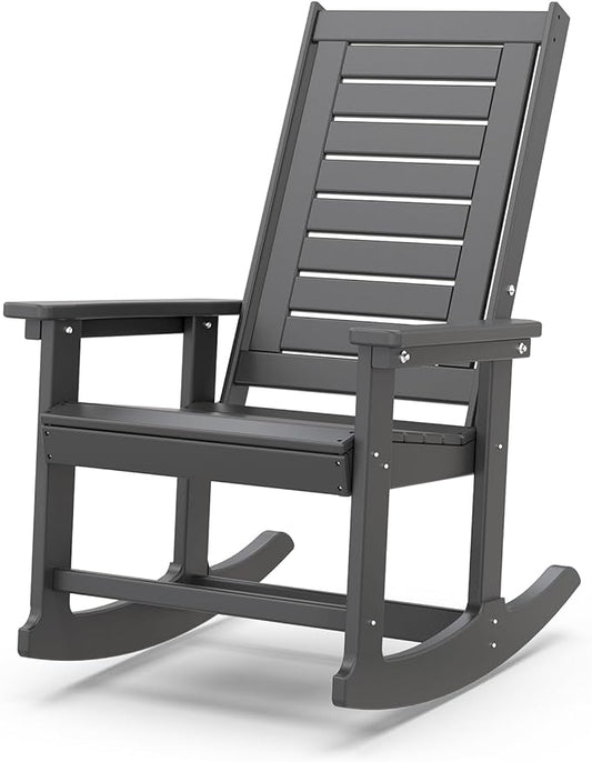 IVY&LANE Rocking-Chair-Outdoor | Porch-Rocker | Grey | HDPE Plastic | All-Weather | High Back | Wide Seat | Oversized Patio Rocker for Adult | for Outside Deck Balcony Garden
