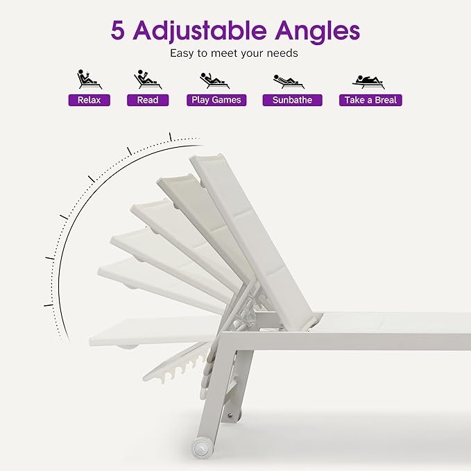 PURPLE LEAF Outdoor Chaise Lounge Set Adjustable Sunbathing Recliner with Side Table for Beach Poolside Patio Outside Aluminum Chaise Lounger Cream
