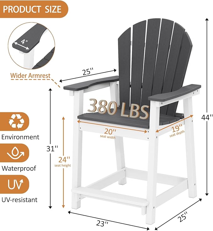 OTSUN Tall Modern Adirondack Chairs Set of 6, All Weather HDPE Bar Height Adirondack Stools Widened Durable Design for Porch Patio Yard Lawn Fire Pit Bistro Basement Indoors & Outdoors