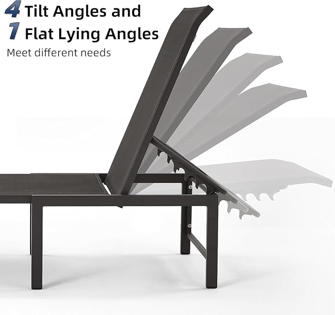 Lounge Chair Outdoor Set of 2, Foldable & Assembly Free Aluminum Chaise Lounge Chair with 5-Position Recliner, Pool Lounge Chairs for Outside Poolside Beach Lawn (Black)