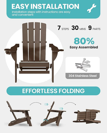 Folding Adirondack Chair, HDPE All-Weather Fire Pit Chairs, Plastic Adirondack Chairs with 2 Cup Holder, Outdoor Lawn Chair for Patio Garden (Brown)