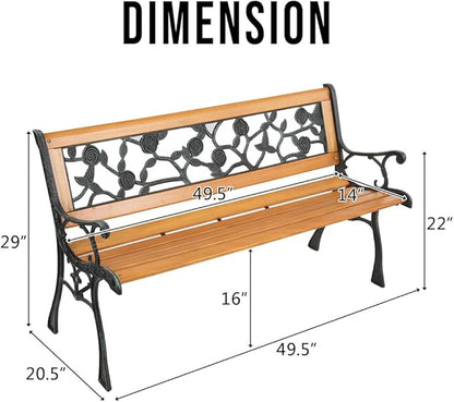 49" Outdoor Wood Bench for Garden, Patio & Porch, 2-Person Bench with Iron Armrests, PVC Backrest, Weather-Resistant Hardwood Seat, Natural Wood & Bronze