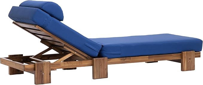 LUMISOL 78.8” Outdoor Patio Chaise Lounge Chair Set, Acacia Wood Adjustable Recliners with Headrest & Retractable Side Tray for Poolside, Garden, Bench, Coffee Table Not Include, Navy Blue