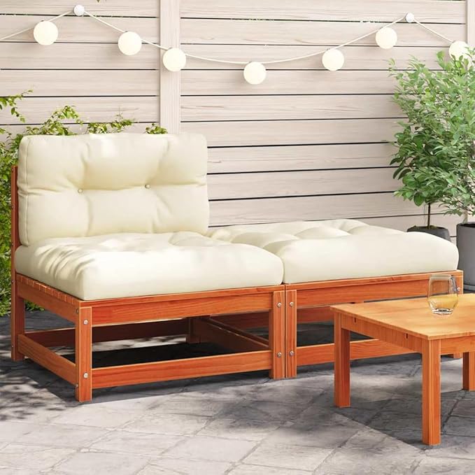 Rustic Modular Garden Sofa with Footstool, Solid Pine Wood Construction, Warm Wax Brown Finish, Plush Oxford Fabric Cushions, Water-Resistant & Easy