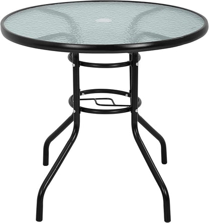 32in Outdoor Table Patio Dining Table Outdoor Dining Table with Umbrella Hole Round Tempered Glass for Yard Bistro Lawn Balcony