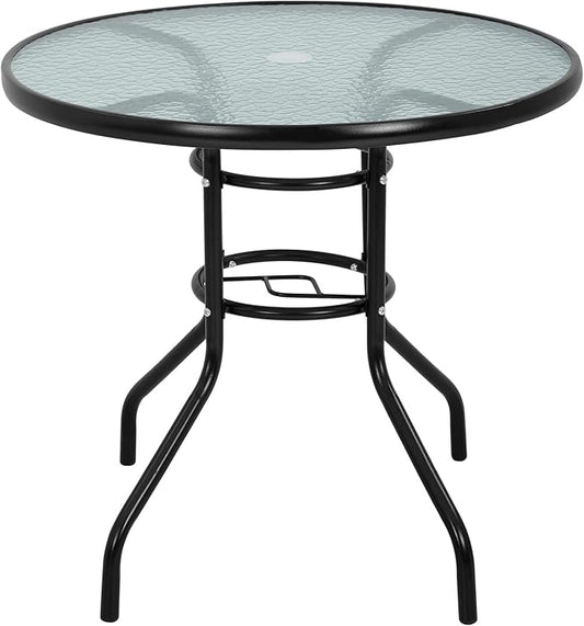 32in Outdoor Table Patio Dining Table Outdoor Dining Table with Umbrella Hole Round Tempered Glass for Yard Bistro Lawn Balcony