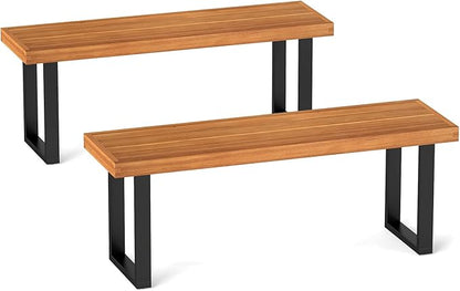 RELAX4LIFE Outdoor Bench Acacia Wood - 48’’ Garden Patio Dining Bench w/Slatted Seat, Metal Legs, 2-Person Backless Picnic Loveseat, Farmhouse Indoor Outdoor Furniture for Entryway Deck Park Porch (2)