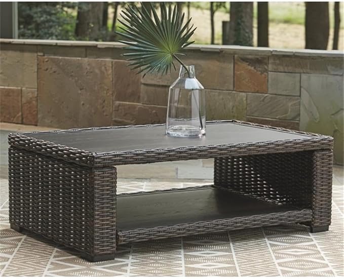 BOWERY HILL Patio Coffee Table, 48 in x 30 in x 16 in, Aluminum Frame with Resin Wicker Base, Brown Finish, Outdoor Coffee Table with Lower Shelf, Weather-Resistant for Patio or Garden Use
