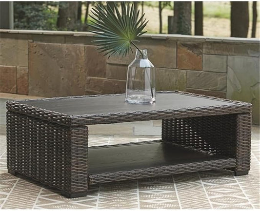 BOWERY HILL Patio Coffee Table, 48 in x 30 in x 16 in, Aluminum Frame with Resin Wicker Base, Brown Finish, Outdoor Coffee Table with Lower Shelf, Weather-Resistant for Patio or Garden Use