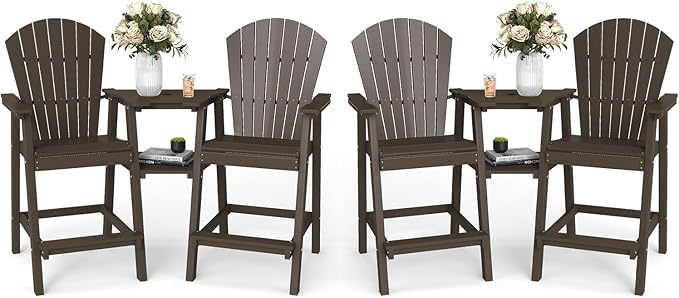 FOOWIN Tall Adirondack Chair Set of 4, All Weather HDPE Bar Height Adirondack Chair with Double Connecting Trays, Adirondack Barstools for Balcony, Deck, Backyard, Patio, Garden Walnut