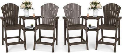 FOOWIN Tall Adirondack Chair Set of 4, All Weather HDPE Bar Height Adirondack Chair with Double Connecting Trays, Adirondack Barstools for Balcony, Deck, Backyard, Patio, Garden Walnut