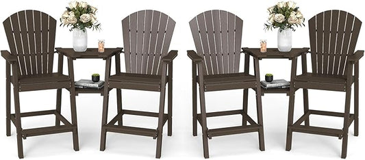 FOOWIN Tall Adirondack Chair Set of 4, All Weather HDPE Bar Height Adirondack Chair with Double Connecting Trays, Adirondack Barstools for Balcony, Deck, Backyard, Patio, Garden Walnut