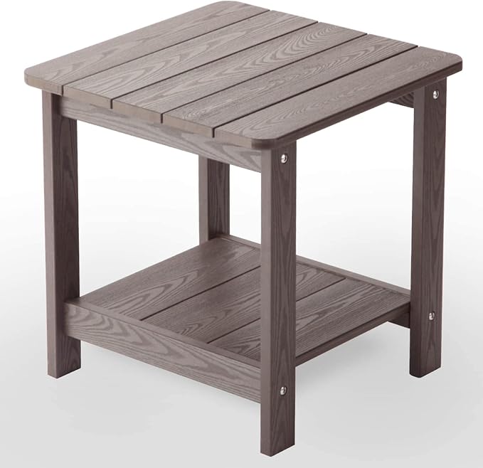 hOmeHua Weather Resistant Side Table, 17 inch Square 2-Layer Structure Wide Desktop, Imitation Wood Stripes, Easy to Assemble & Maintain, Suitable for All Indoor & Outdoor Places- Dark Brown