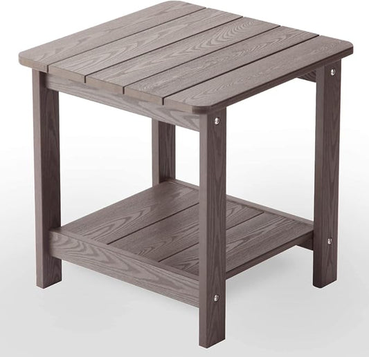 hOmeHua Weather Resistant Side Table, 17 inch Square 2-Layer Structure Wide Desktop, Imitation Wood Stripes, Easy to Assemble & Maintain, Suitable for All Indoor & Outdoor Places- Dark Brown