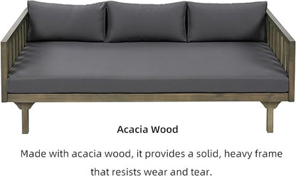 Merax Outdoor 3 Seater Daybed, Acacia Wood Day Bed Couch Sofa with Cushions for Patio Backyard, Garden, Dark Grey
