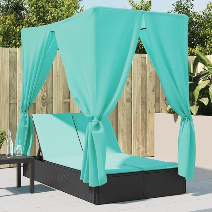 78.7"x44.9" Double Chaise Lounge Outdoor with Roof Turquoise Cushions Black PE Rattan Patio Furniture Adjustable - Photo 1