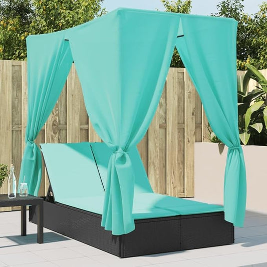 78.7"x44.9" Double Chaise Lounge Outdoor with Roof Turquoise Cushions Black PE Rattan Patio Furniture Adjustable Backrest Curtains for Balcony Garden