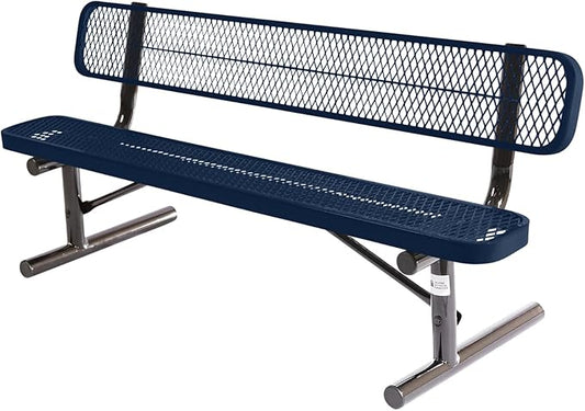 COATEDOUTDOORFURNITURE Heavy-Duty Portable Outdoor Bench Thermoplastic Coated, Expanded Metal, Commercial-Grade Seating, Made in America (Portable with Back, 6 Ft, Textured Dark Blue)
