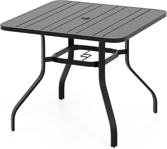 Tangkula 37” Outdoor Dining Table for 4, Square Patio Bistro Dining Table with 1.57” Umbrella Hole and Metal Frame, Outdoor Patio Table for Balcony, Garden and Backyard