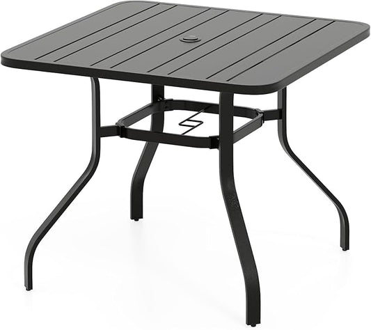 Tangkula 37” Outdoor Dining Table for 4, Square Patio Bistro Dining Table with 1.57” Umbrella Hole and Metal Frame, Outdoor Patio Table for Balcony, Garden and Backyard