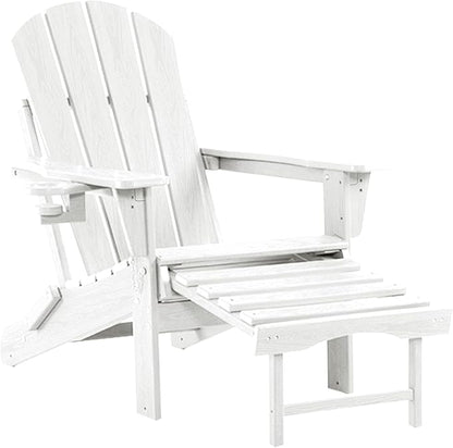 Adjustable Adirondack Rocking Chair with Retractable Ottoman, 4-in-1 Multifunctional Folding Patio Chair with Cup Holder, Outdoor Chair Wood Texture for Lawn,Porch, Backyard,Pool(White)