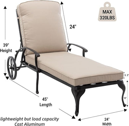 Chaise Lounge Patio Chair with Wheels, Adjustable Reclining Rust-Resistant Aluminum Cast Poolside Chaise Lounge Furniture Set of 2, Waterproof Beige Cushion