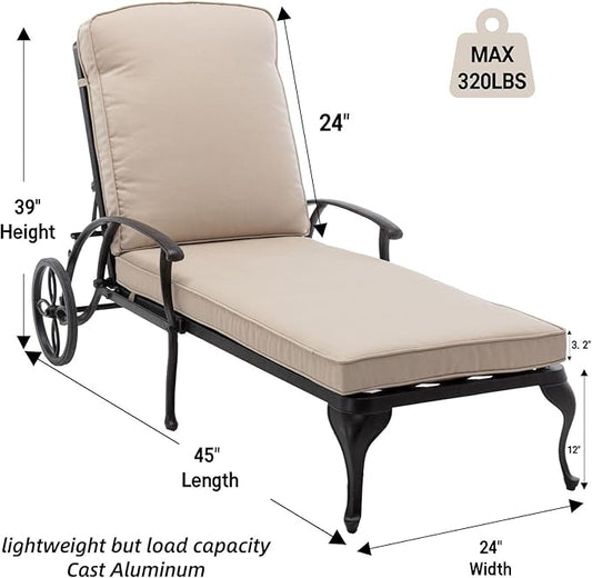 Chaise Lounge Patio Chair with Wheels, Adjustable Reclining Rust-Resistant Aluminum Cast Poolside Chaise Lounge Furniture, Waterproof Beige Cushion (1pc)