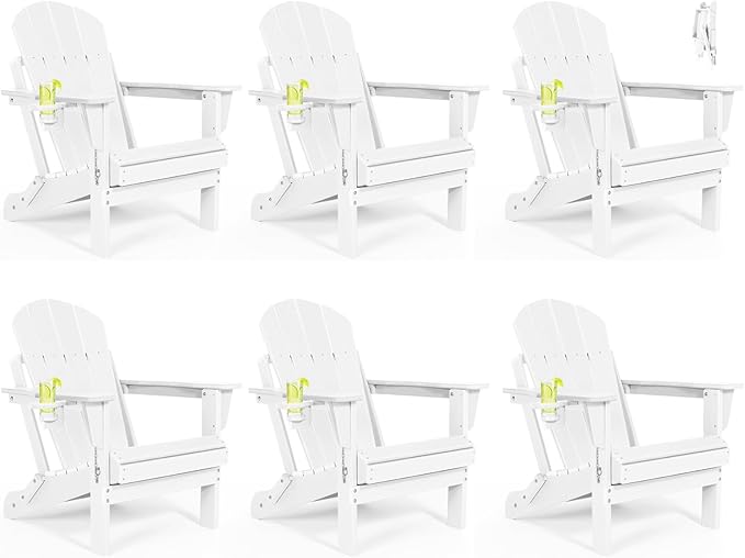 Folding Adirondack Chairs Set 6- Plastic Adirondack Chairs with Cup Holder, Weather Resistant for Outdoor, Patio, Lawn, Garden, Backyard Deck, Fire Pit - White