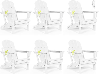 Folding Adirondack Chairs Set 6- Plastic Adirondack Chairs with Cup Holder, Weather Resistant for Outdoor, Patio, Lawn, Garden, Backyard Deck, Fire Pit - White