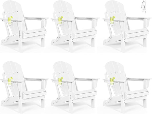 Folding Adirondack Chairs Set 6- Plastic Adirondack Chairs with Cup Holder, Weather Resistant for Outdoor, Patio, Lawn, Garden, Backyard Deck, Fire Pit - White