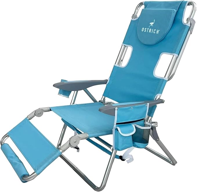 Ostrich Deluxe 3N1 Padded Beach Chair w/Face Cushion & Arm Holes, Light Blue - Lightweight Folding Recliner w/Adjustable Backrest & Footrest, Cup Holder, Side Utility Bag, 275 lb Weight Capacity