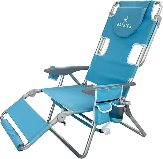 Ostrich Deluxe 3N1 Padded Beach Chair w/Face Cushion & Arm Holes, Light Blue - Lightweight Folding Recliner w/Adjustable Backrest & Footrest, Cup Holder, Side Utility Bag, 275 lb Weight Capacity