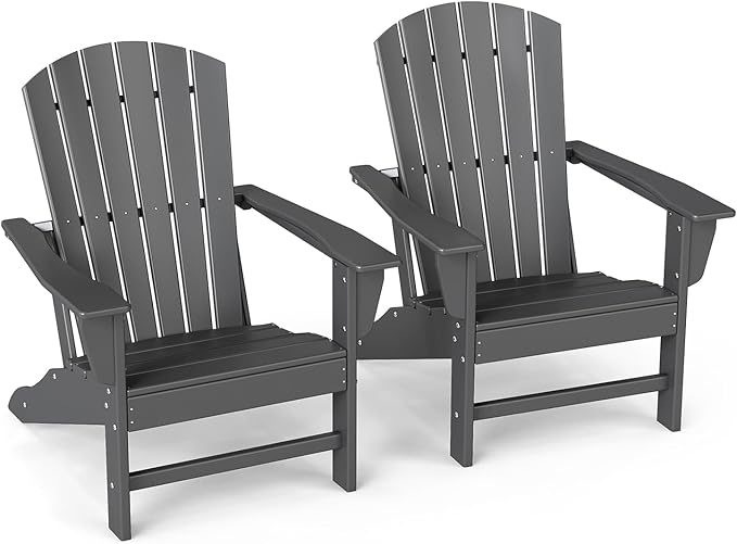 GREENVINES Adirondack Chairs Set of 2 | HDPE Plastic | Oversized Fire Pit Chair | All Weather | Grey | Poly Lumber | for Outdoor Deck Backyard Patio