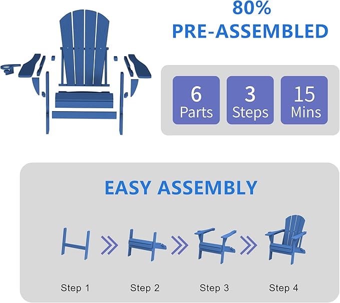 GLANC Folding Adirondack Chair Set of 2, HDPE All-Weather Outdoor Patio Fire Pit Chairs Lawn Chair for Poolside Backyard Deck Balcony, Wooden Textured with Cup Holder, 380LBS Capacity (Navy Blue)