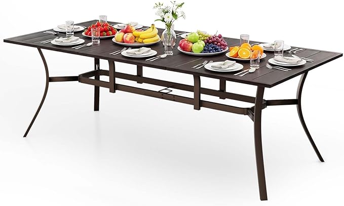 Rectangle Patio Dining Table, 8-Person Metal Outdoor Patio Table with Adjustable Umbrella Hole, Weather-Resistant for Garden Backyard Porch, Dark Brown