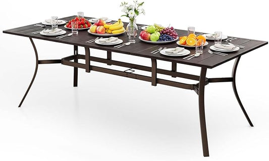 Rectangle Patio Dining Table, 8-Person Metal Outdoor Patio Table with Adjustable Umbrella Hole, Weather-Resistant for Garden Backyard Porch, Dark Brown