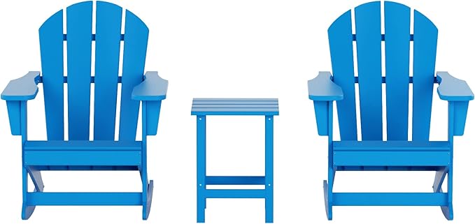 WO WESTIN OUTDOOR HDPE Laguna Outdoor Rocking Poly Adirondack Chair with Side Table 3-Piece Set, Pacific Blue