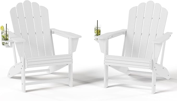 Costaelm Lakeview Outdoor Patio HDPE Adirondack Chairs with Cup Holders (Set of 2), White